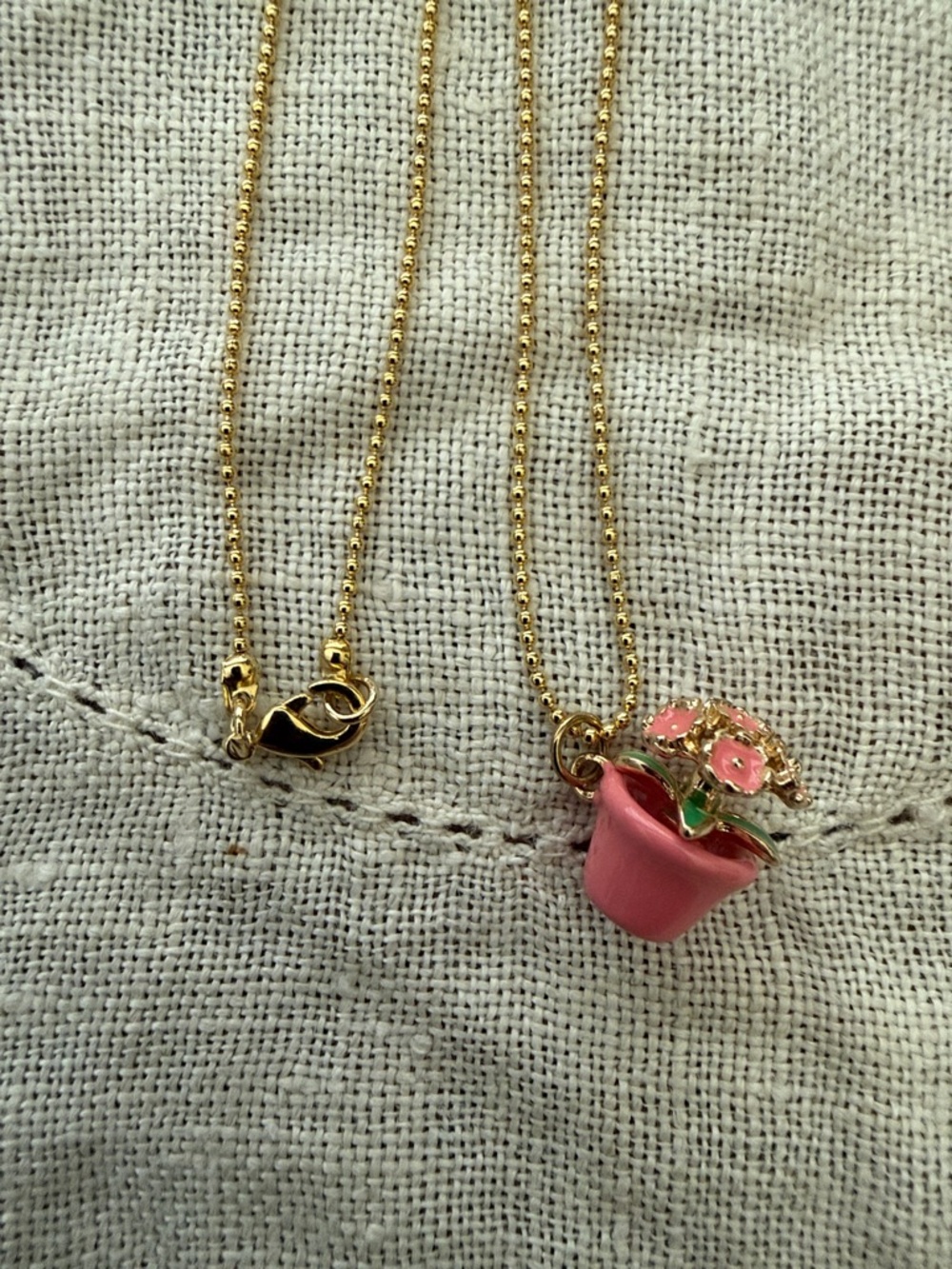 Dainty 10k Gold Ball Chain Necklace with Novelty Flower Pot Charm - Picture 3 of 8